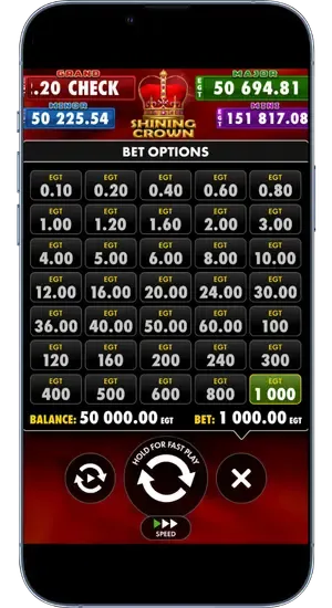Menu delle opzioni di scommessa nella slot Shining Crown
